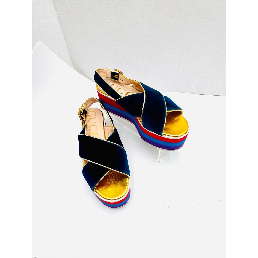 Gucci Peggy Blue Velvet Platform Sandals Crossover Strap EU 37.5 - Picture 7 of 9